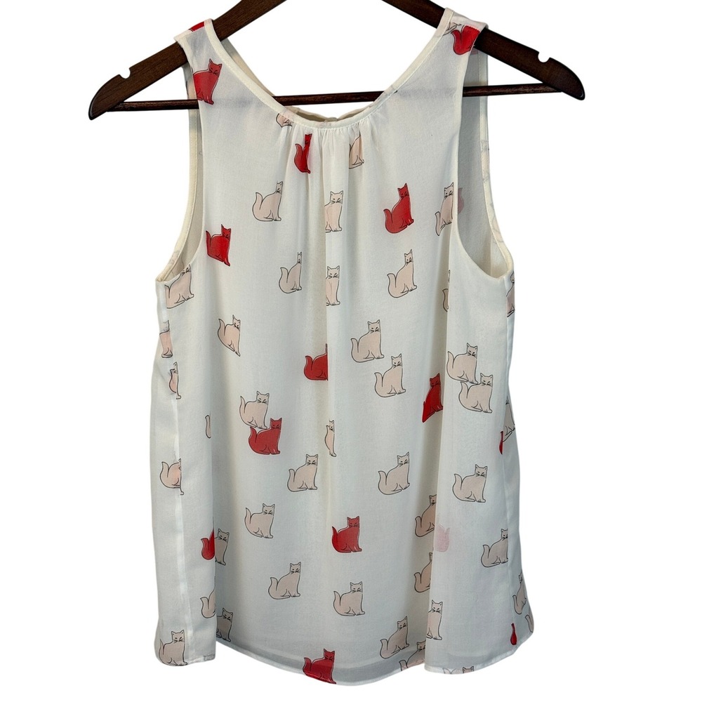 Zara Trafaluc Collection Cat Print Chiffon Sleeveless Blouse Ivory Size XS